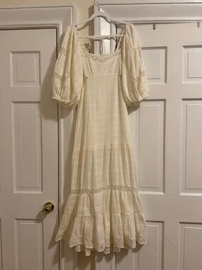 Free People Ivory Lace Tiered Maxi Dress Puff Sleeve Smocked Back S